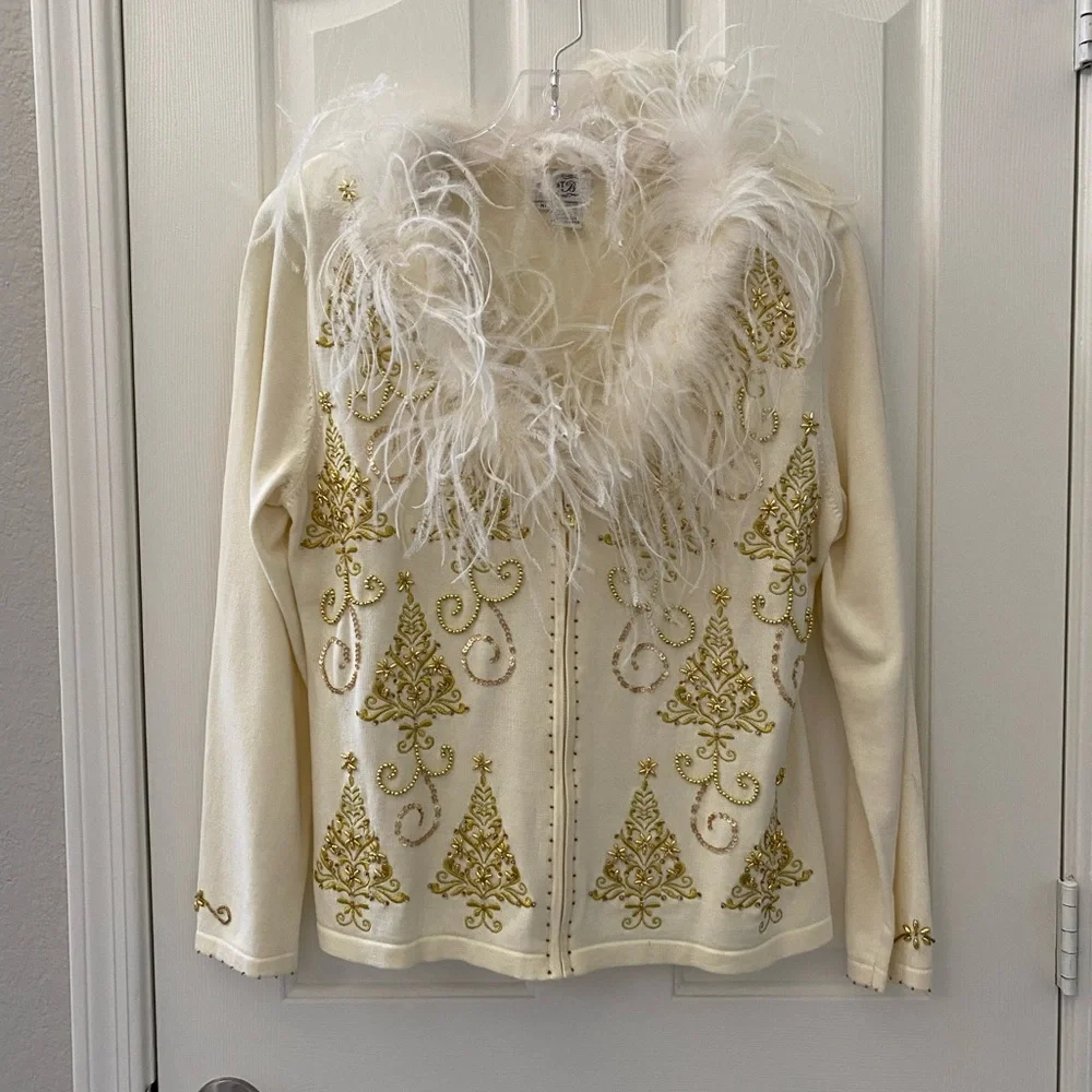 Elegant Cream and Gold Christmas Holiday Women's Sweater with Feather Trim - Picture 5 of 17